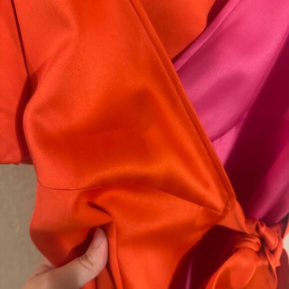 Officiallyquigley X The Drop Color Block Orange & Pink Puffy Sleeve Mini Dress - Picture 11 of 13